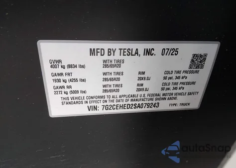 2025 Tesla Cybertruck All-Wheel Drive from USA, damaged, VIN 7G2CEHED2SA079243